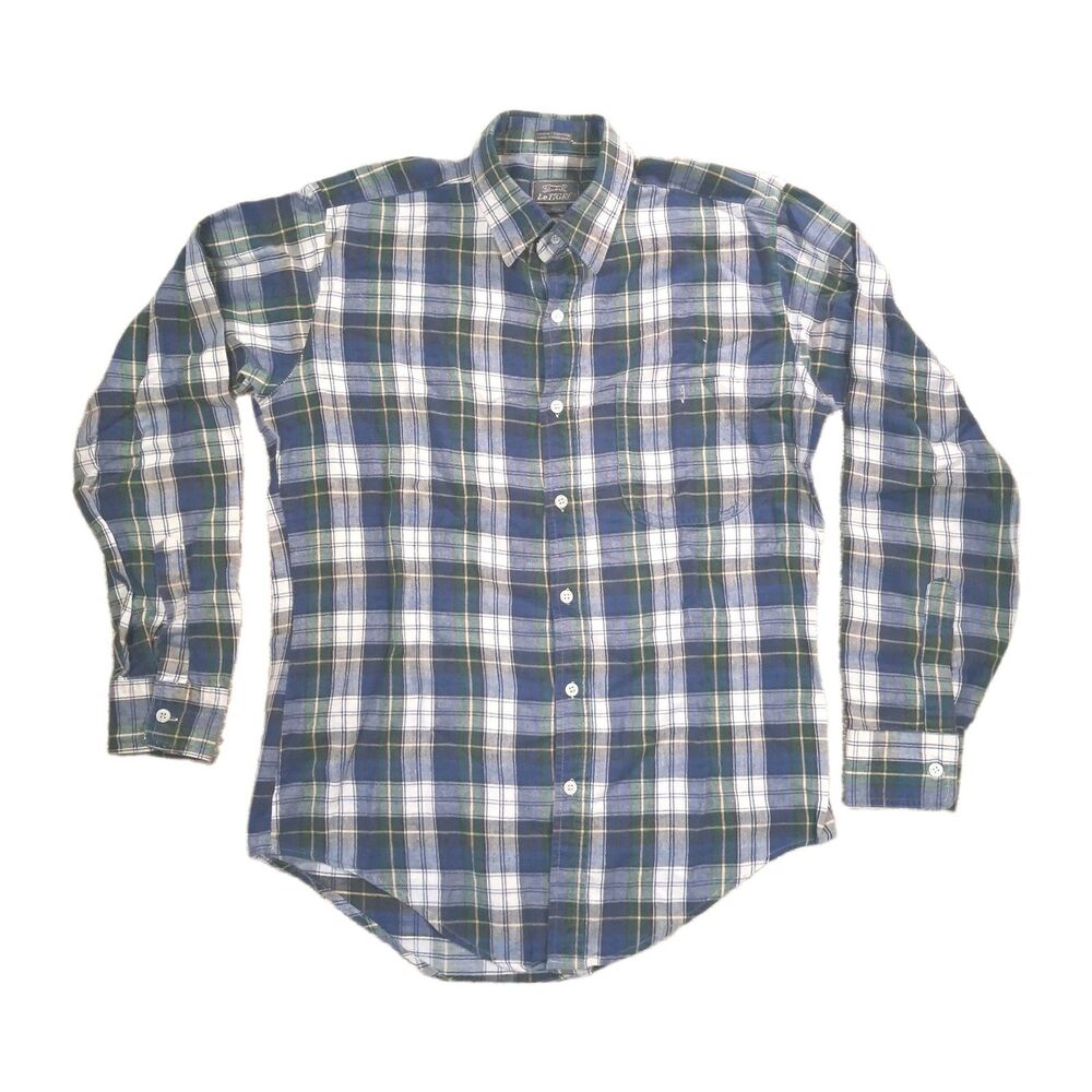 LeTIGRE Plaid Flannel Shirt Mens Medium Blue Green Long Sleeve Button 100 Cotton